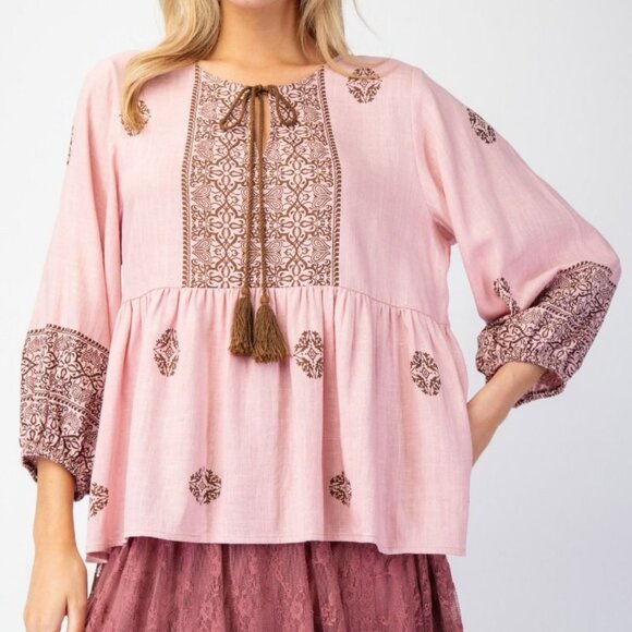 Boho Babydoll Tunic Printed Poly Linen, Tassel Tie, Ruffled Hem Dusty Rose S M L - Picture 3 of 5